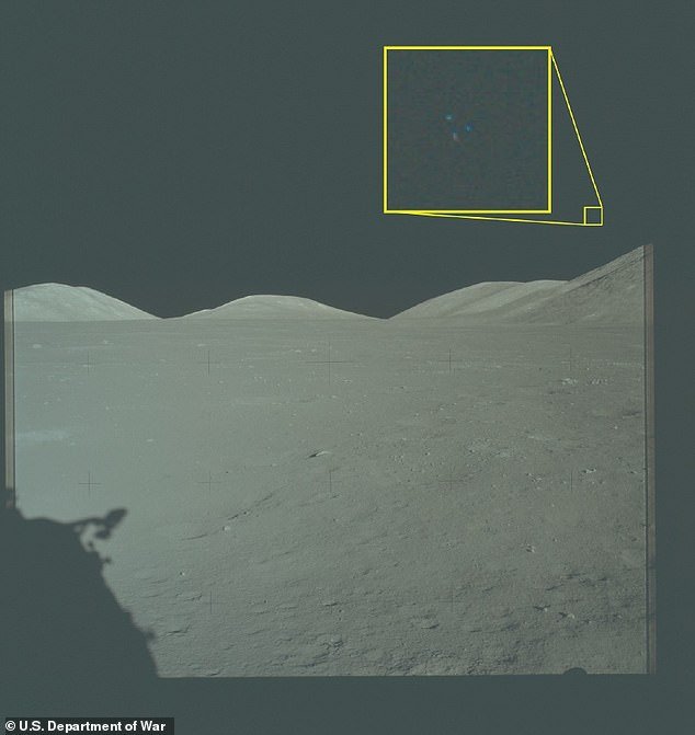 One NASA image from the Apollo 17 moon mission in 1972 appears to show three lights arranged in a triangular formation above the lunar terrain