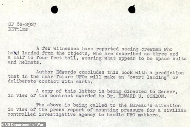 Newly released FBI files have revealed shocking details of mysterious four-foot-tall crewmen exiting a UFO in the 1960s