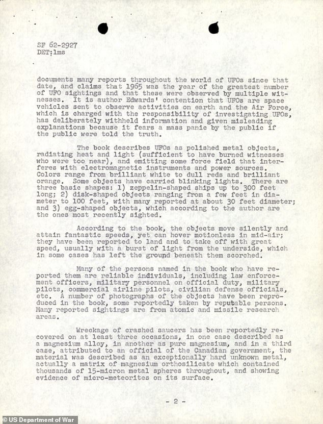 The file states that author Edwards argued UFOs were 'space vehicles sent to observe activities on earth' and claimed the US Air Force had 'deliberately withheld information and given misleading explanations because it fears a mass panic by the public if the public were told the truth'