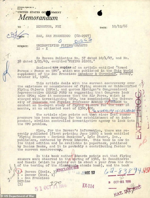 The newly released memo is an internal FBI document dated October 19, 1966, sent from the bureau’s San Francisco office to FBI Director J Edgar Hoover under the subject line 'Unidentified Flying Objects'